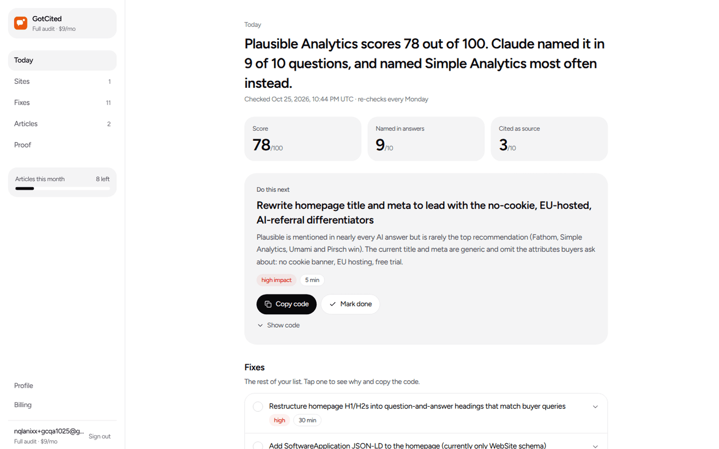 The GotCited dashboard